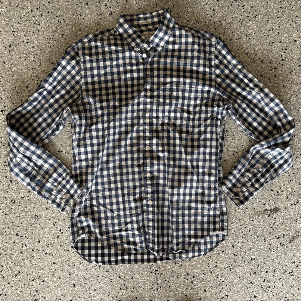 J. Crew Men’s Navy and White Gingham Button-Down Slim Shirt